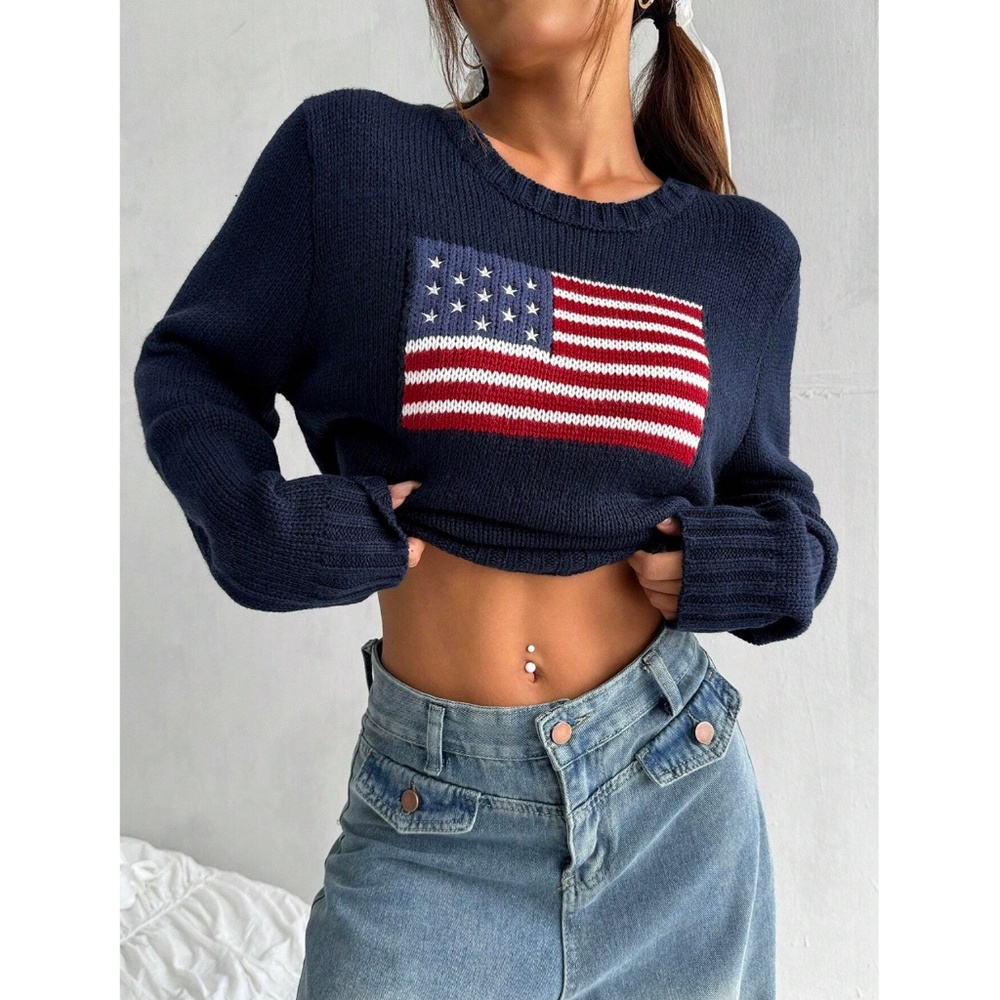 American Flag Knit Navy Blue Pullover Sweater Crew Neck Long Sleeve Drop Shoulde